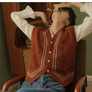 Getadme Retro Graphic Embroidery Sweater Vest Women Vintage Print Button-up Knitted Mini Vest Streetwear Harajuku Clothes Outerwear